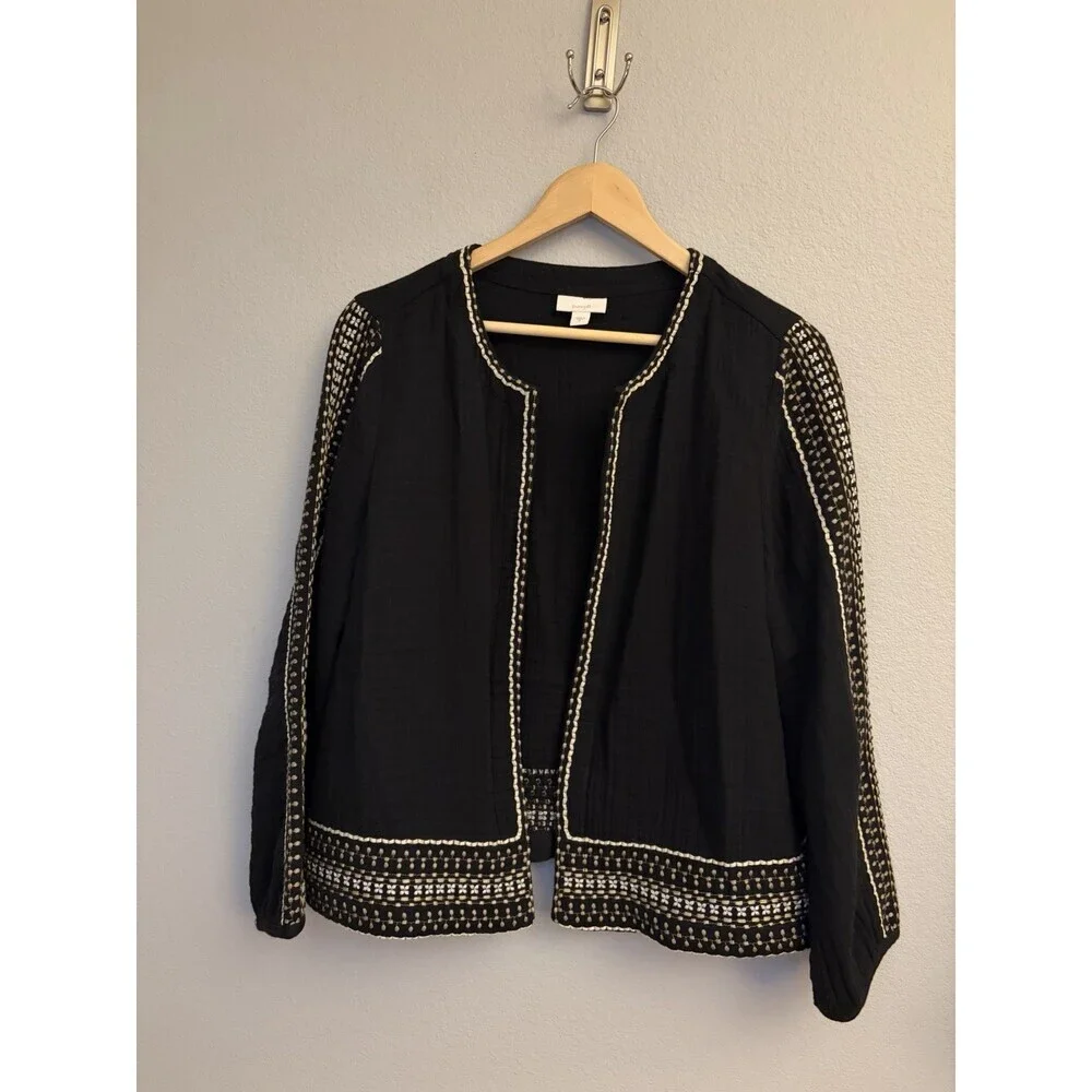 J Jill Black Cotton Gauze Jacket Open Embroidered Classic Boho Women’s Sz M